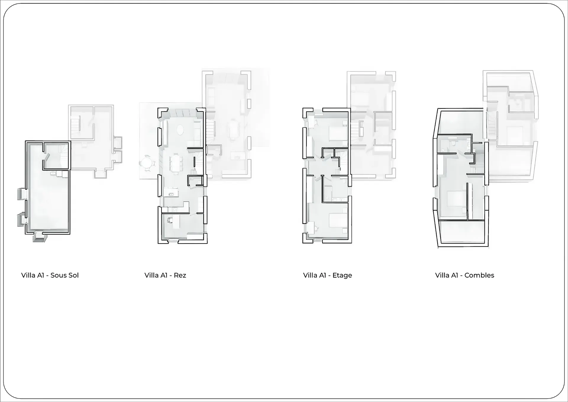 Plans de la villa A1 — sous-sol, rez, étage et combles